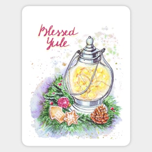 Blessed Yule: Watercolor winter solstice greeting Red letters Sticker